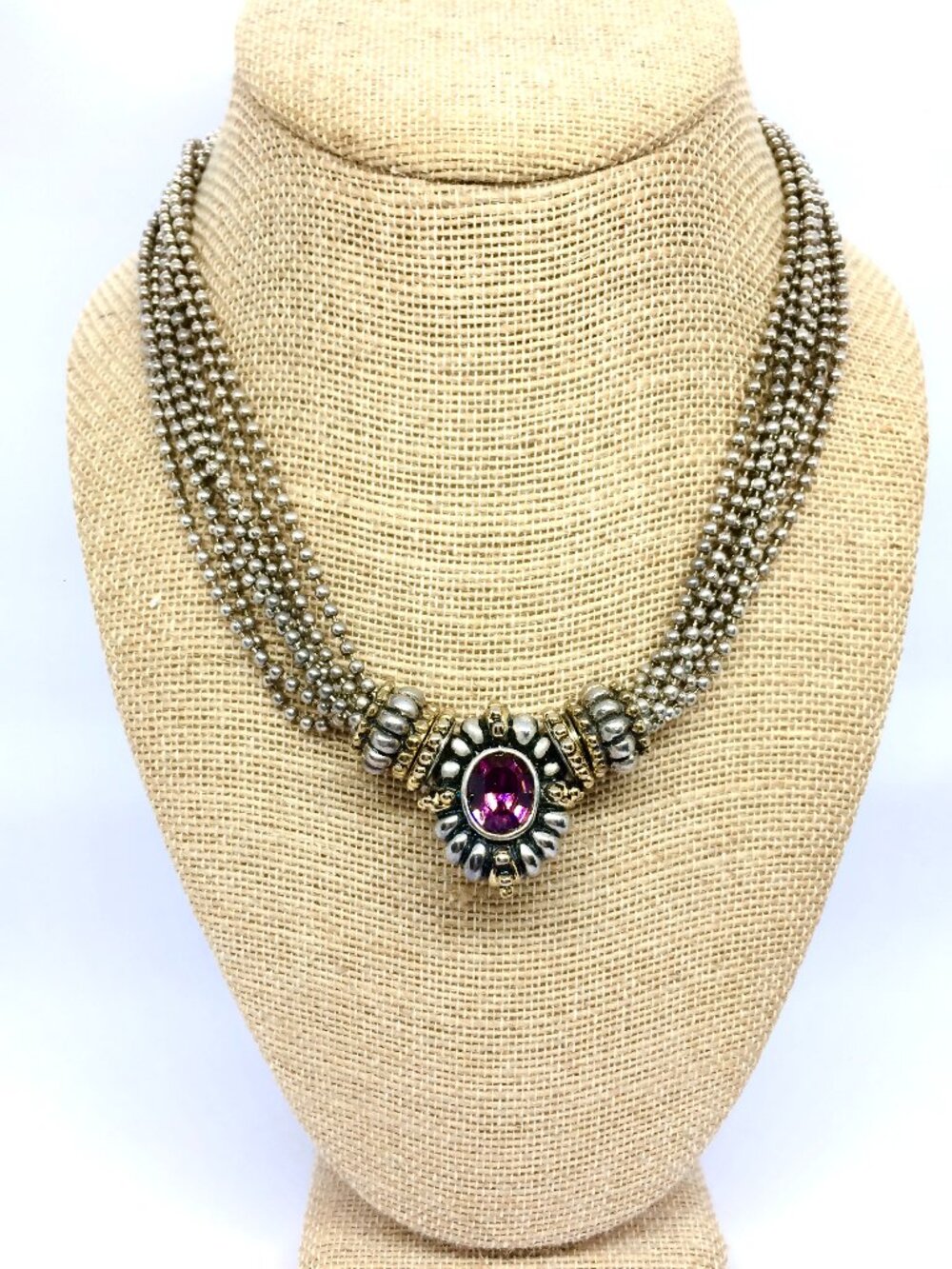 VINTAGE PURPLE GLASS Necklace Multi Strand Silver Gold Tone Bead Chain Statement